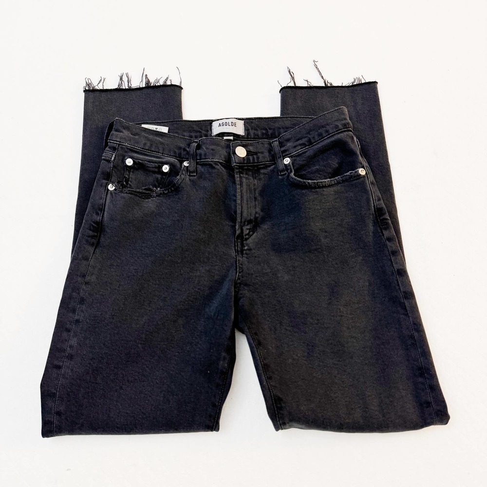 AGOLDE Toni Black Denim Straight Leg Jeans Fringe Hem Size 26 A133D-3002